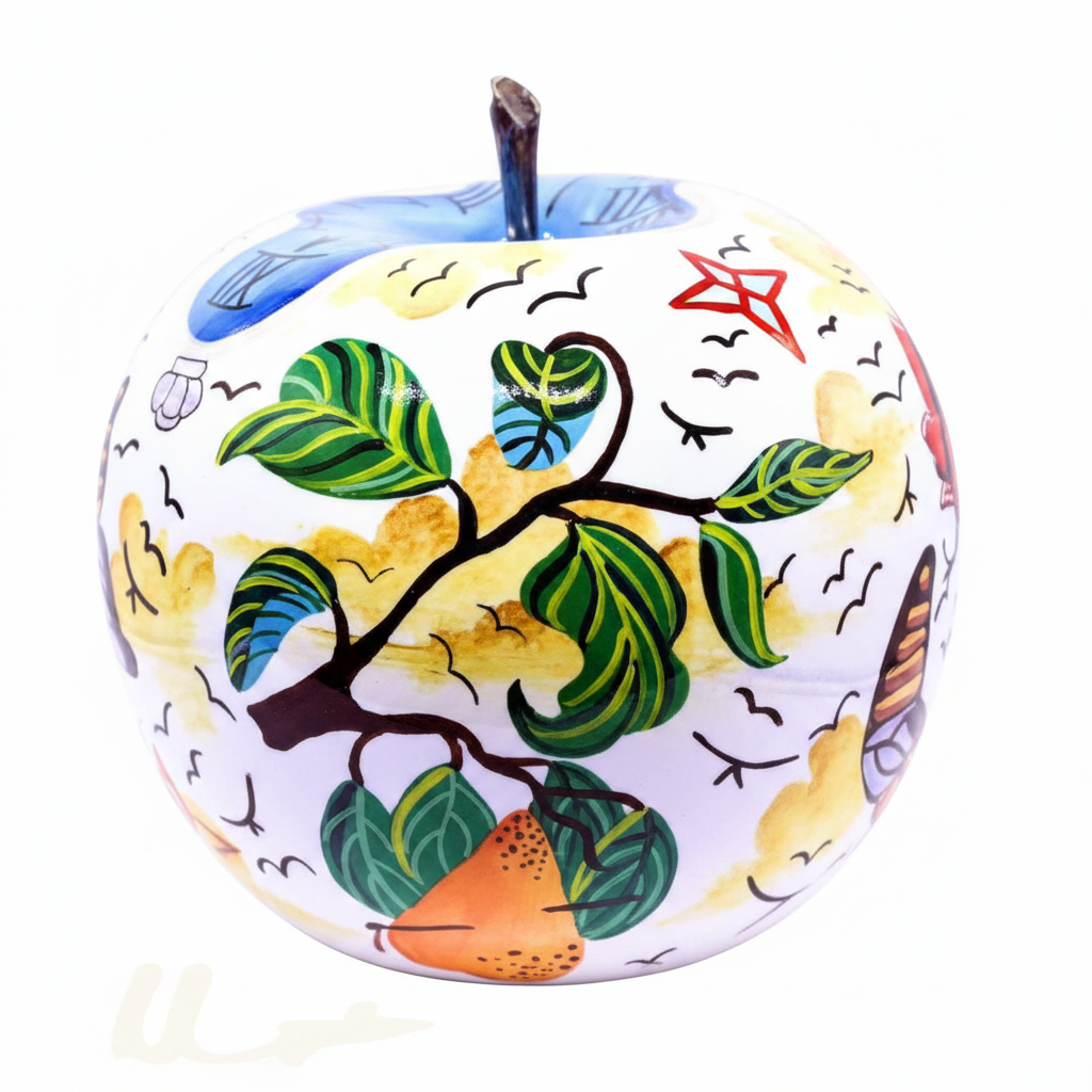 A decorative apple-shaped object with a white base and hand-painted multicolor designs, including green leaves, black branches, a blue top section, yellow background areas, and small red and black details.