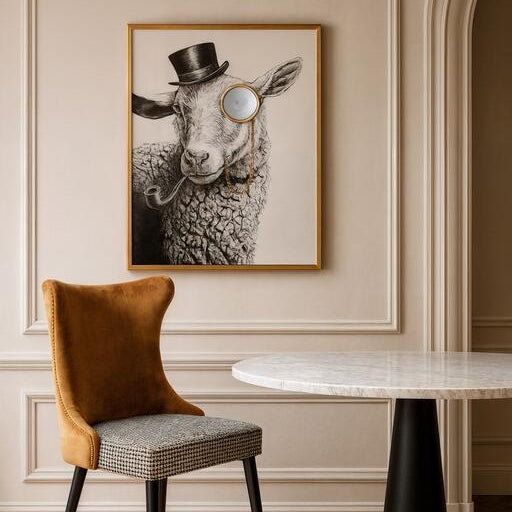 A framed black and white portrait print of a sheep wearing a top hat and monocle, hanging on a beige paneled wall above a brown velvet and patterned armchair next to a round marble-top table.