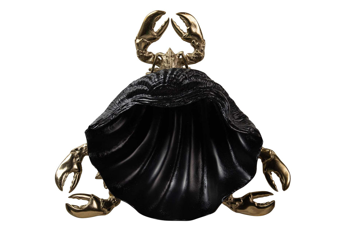 A decorative crab figurine with metallic gold claws and legs surrounding a large black shell-shaped body, shown on a plain white background.