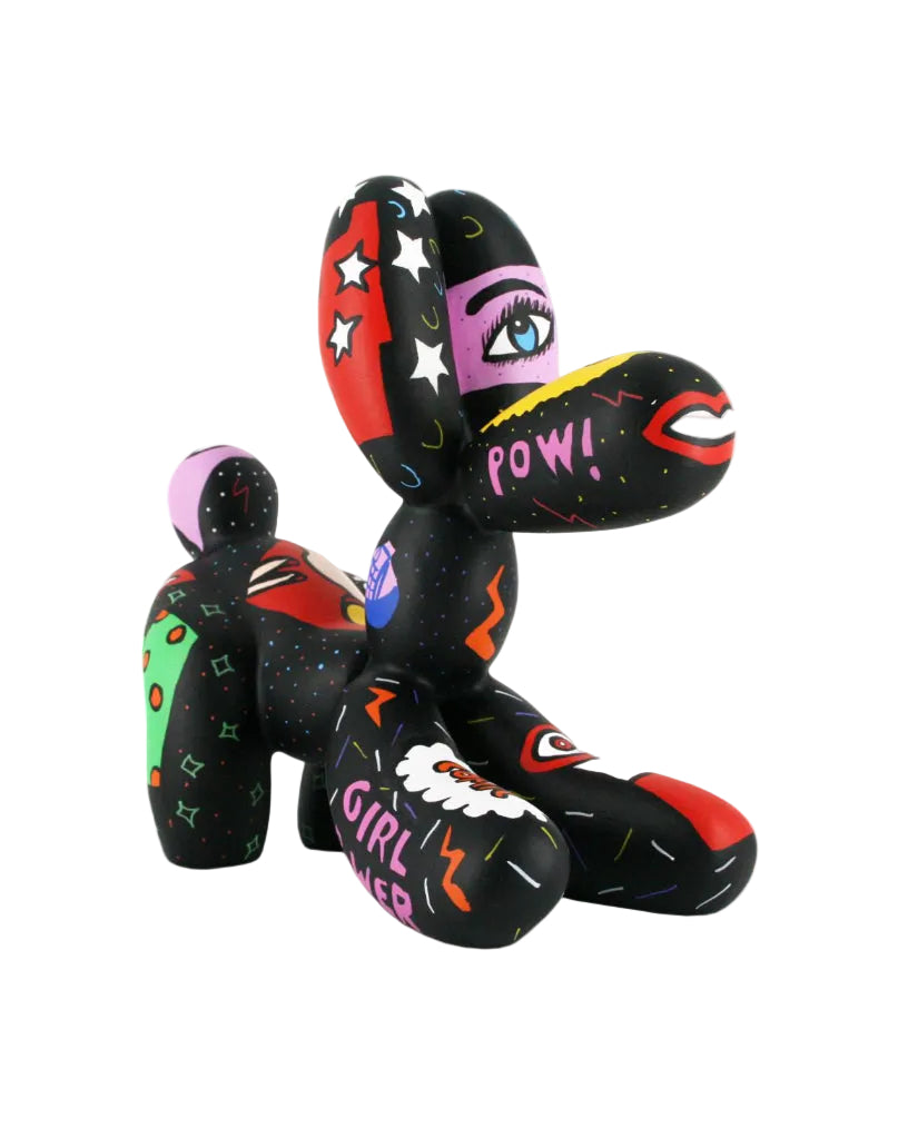 Colorful balloon animal sculpture with text and graphics 