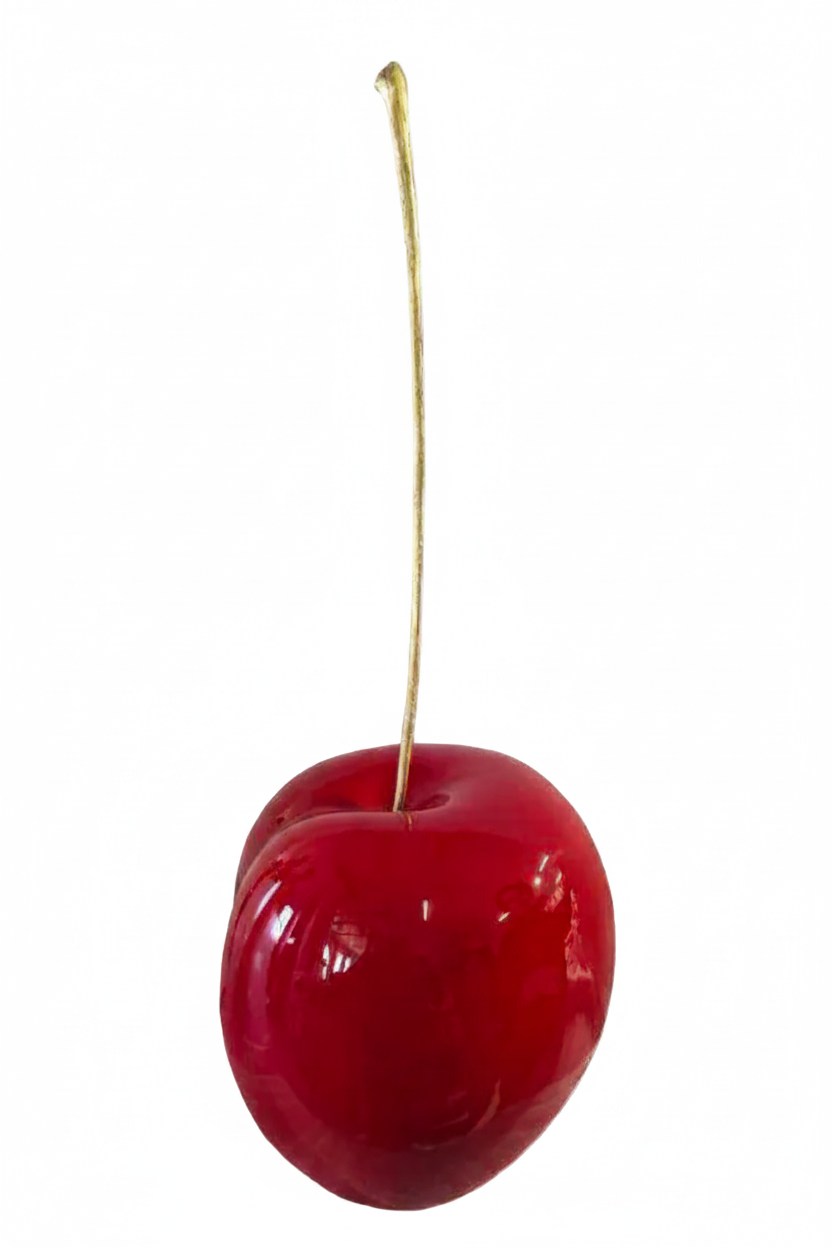 A glossy red cherry with a long, thin stem