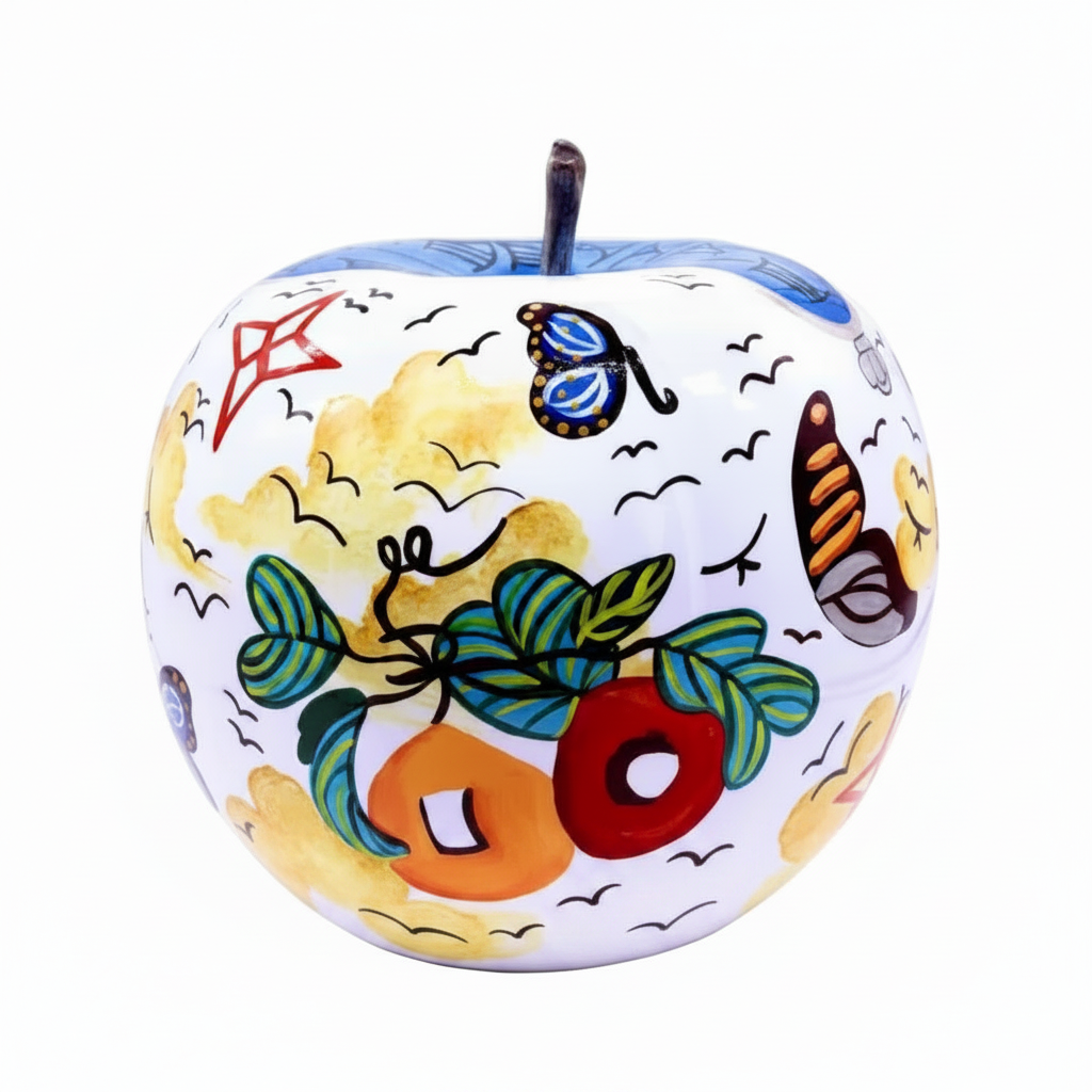 A decorative ceramic apple figurine with a white base, hand-painted with colorful motifs including green leaves, red and orange fruits, blue butterflies, black birds, and yellow clouds, featuring a dark brown stem.