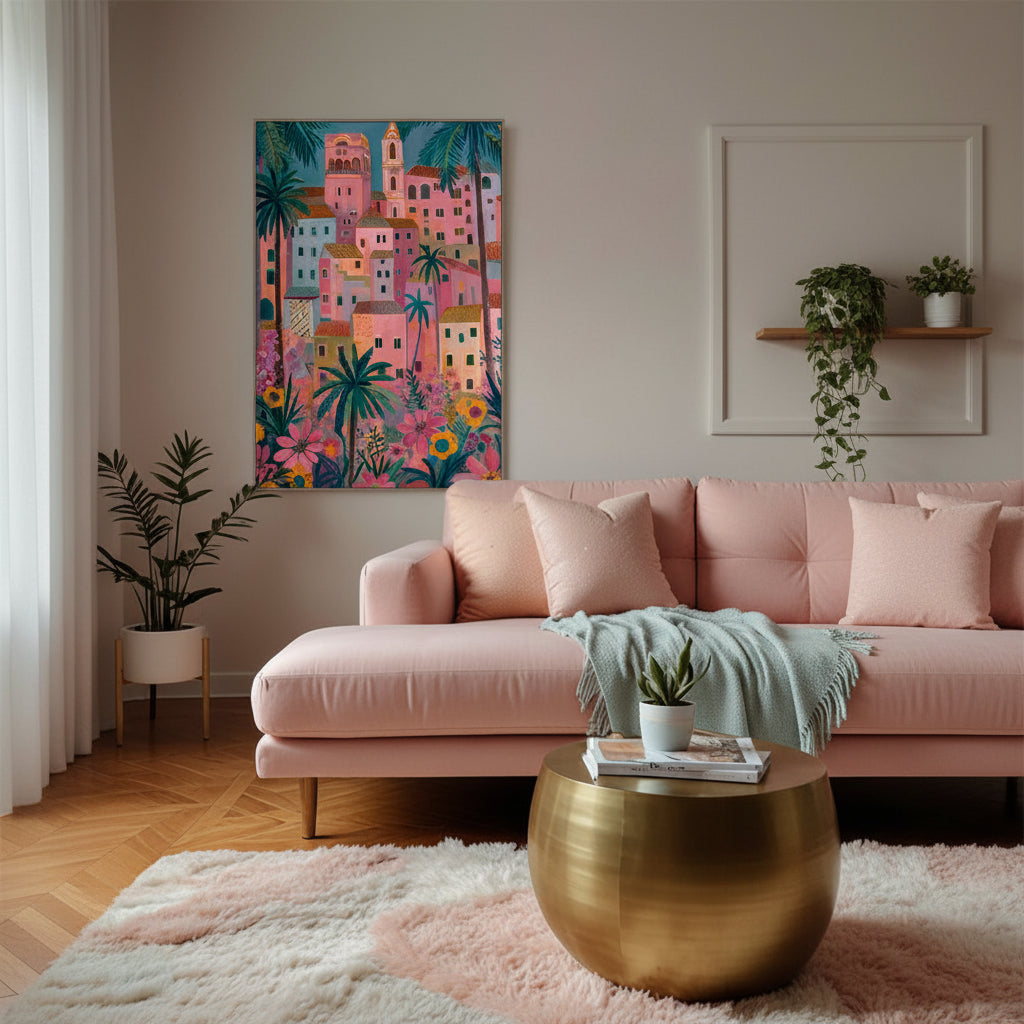 A colorful framed wall art print depicting a tropical hillside village with pink buildings and palm trees, displayed above a blush pink sofa in a modern living room setting.