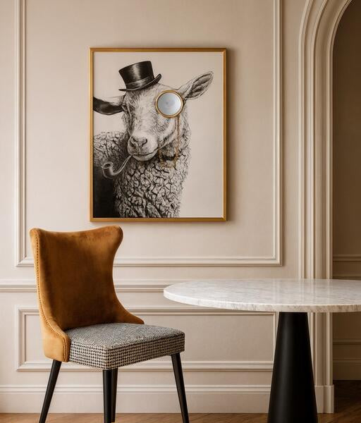 A framed black and white portrait print of a sheep wearing a top hat and monocle, hanging on a beige paneled wall above a brown velvet and patterned armchair next to a round marble-top table.