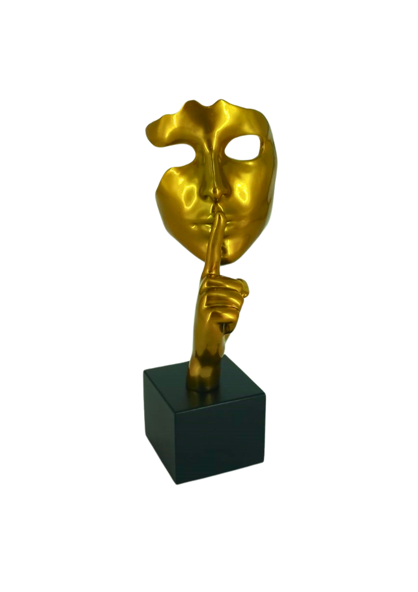 Gold mask sculpture with a hand covering its mouth on a black base against a white background