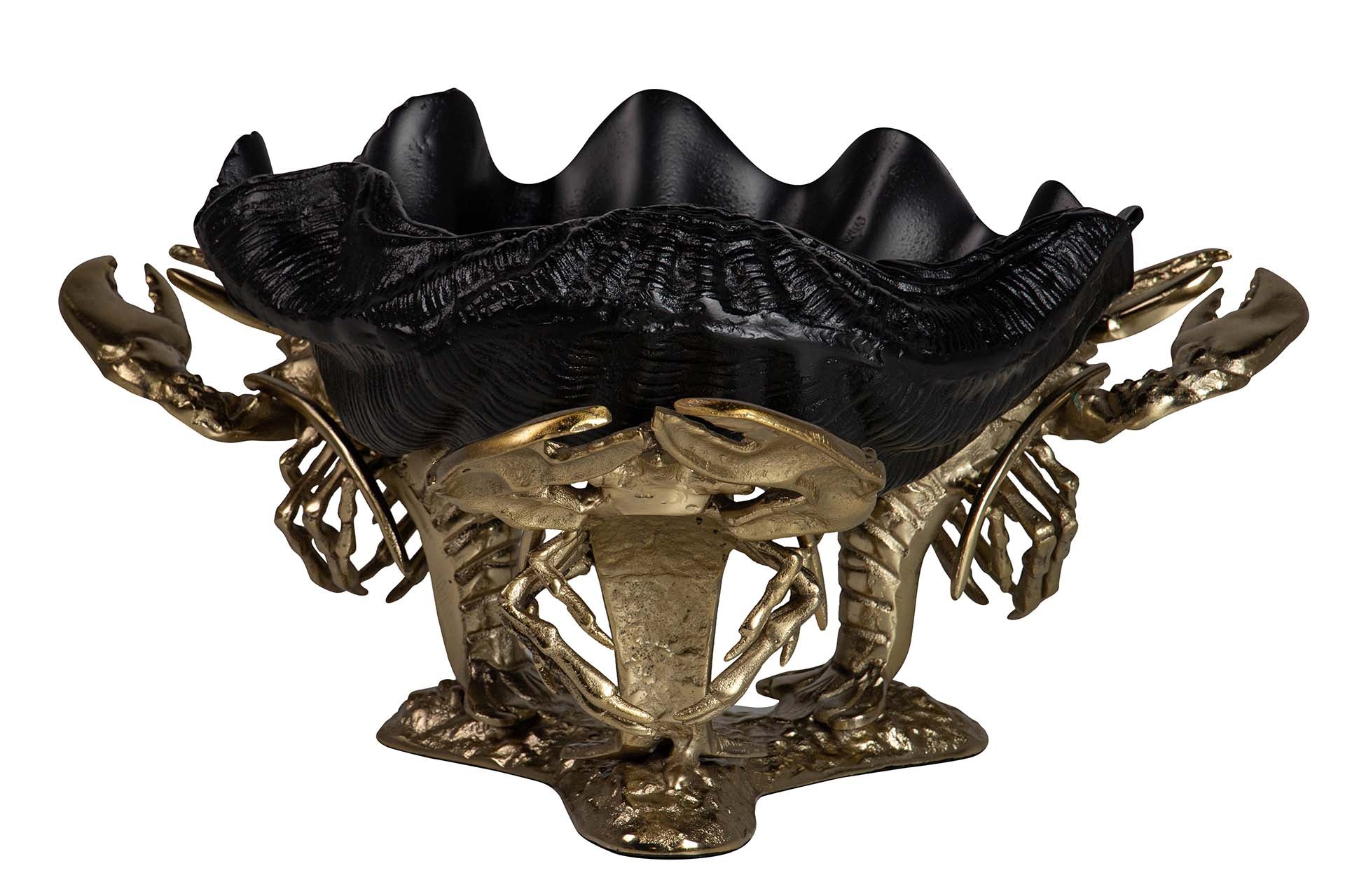 A decorative shell-shaped bowl with a black textured interior and a gold-toned lobster-themed base and handles, shown on a plain white background.