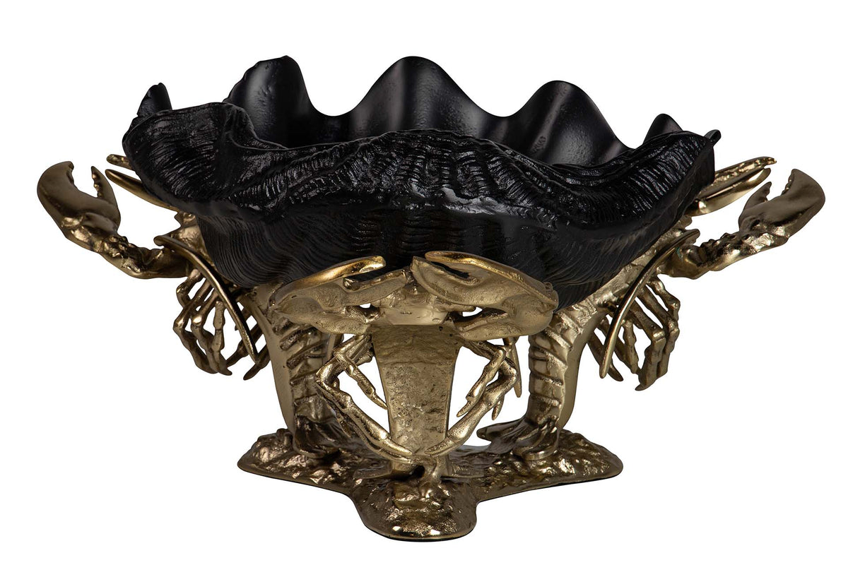 A decorative shell-shaped bowl with a black textured interior and a gold-toned lobster-themed base and handles, shown on a plain white background.