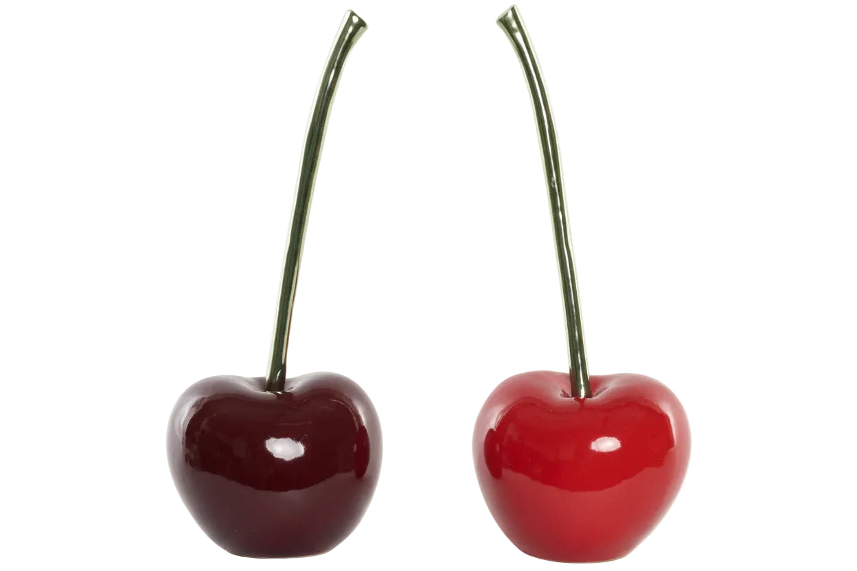 Two glossy red cherries with dark green stems, shown side by side on a plain white background.