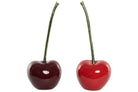 Two glossy red cherries with dark green stems, shown side by side on a plain white background.